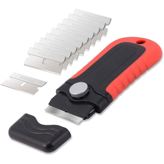 Razor Blade Scraper Tool with Blade Storage Container, Glass Cooktop Stove Scraper with 10PCS Stainless Steel Blades for Glass Clean,Paint,Old Label,Decal Sticker,Adhesive Remover