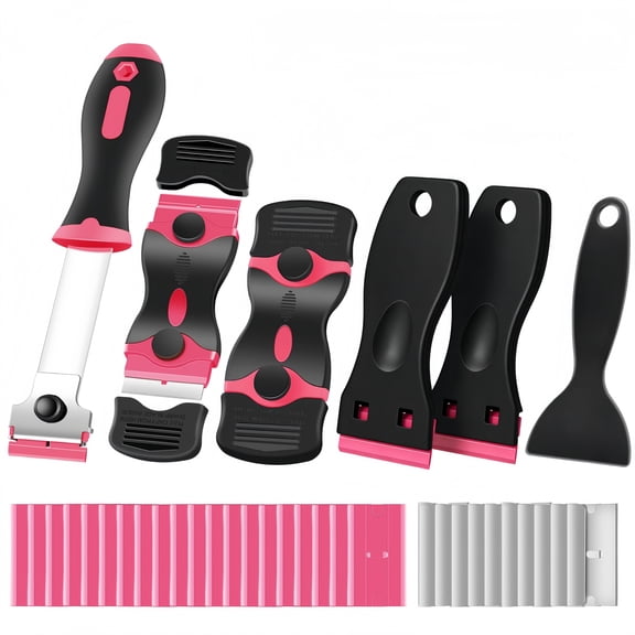 Razor Blade Scraper Tool Kit with 10 Stainless Steel & 20 Plastic Blades, 6-Piece Multi-Size Scrapers Cleaning Tools for Cleaning, Paint & Sticker Removal from Glass, Stovetops, Cars & Windows