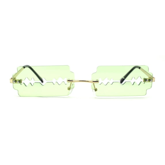 Razor Blade Shape Funky Hipster Rimless Sunglasses Gold Green