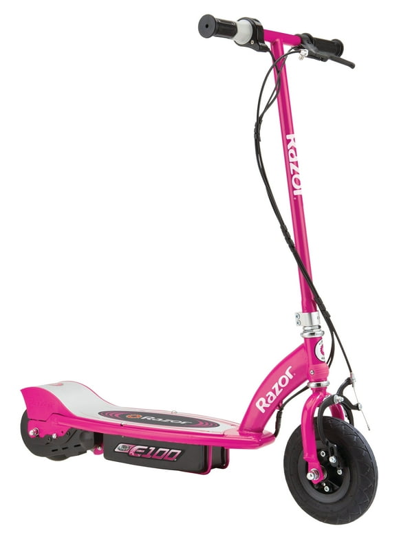 Razor E100 Electric Scooter - Pink, for Kids Ages 8+ and up to 120 lbs, 8" Pneumatic Front Tire, 100W Chain Motor, Up to 10 mph & Up to 40 mins of Ride Time, 24V Sealed Lead-Acid Battery
