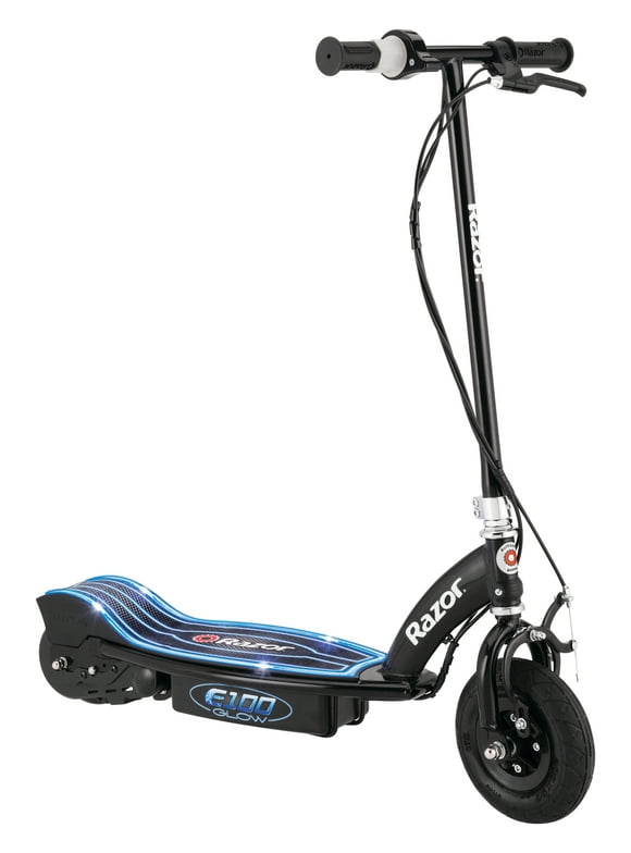 Razor E100 Glow Electric Scooter for Kids Ages 8+ and up to 120 lbs, 8" Pneumatic Front Tire, LED Light-Up Deck, 100W Chain Motor, Up to 10 mph & up to 40 mins Ride Time, 24V Sealed Lead-Acid Battery