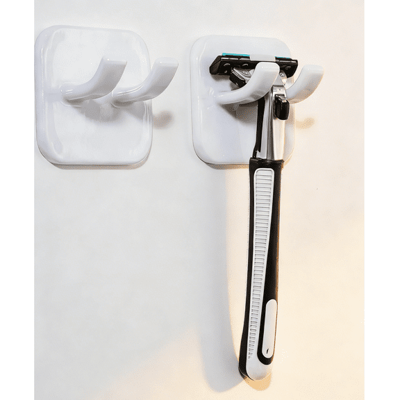 Razor Holder, Shaver Hook Hanger Stand 2 Pack, Waterproof Storage Hooks, Wall Mounted Self-Adhesive Double Hooks for Razor, Loofah, Towel, Shaver, Coat, Key, Easy to Install - White