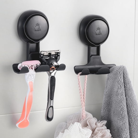 Razor Holder for Shower 2 Pack, Powerful Suction Cup Shower Hooks for Towel, Loofah, Razor, Squeegee, Damage-Free Wall Hooks, Shaver Holder for Bathroom, Easy to Install and Reuse, White