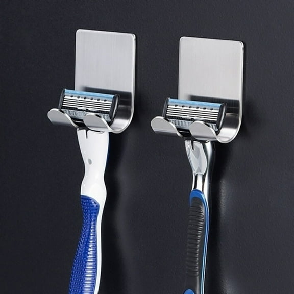 Razor Holder for Shower, 2 Pack Stainless Steel Razor Holder Hooks, Waterproof Self-Adhesive Shaver Holder Hanger Hooks for Bathroom Kitchen to Organize Loofah Robe Towel Plug Coat
