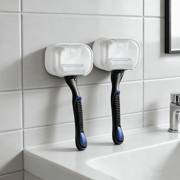 Razor Holder for Shower Wall Mounted Self Adhesive Razor Stand Shaver Organizer Auto Closing Dust Cover No-Drill Plastic Razors Organizer for Bathroom
