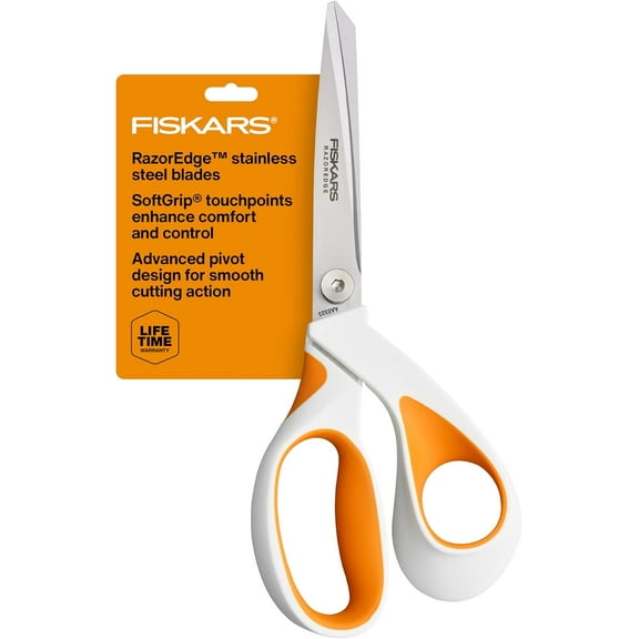 RazorEdge Fabric Scissors, Heavy Duty Fabric Shears, Ultra-Sharp Stainless Steel Blades & SoftGrip Ergonomic Handle, 8, White/Orange