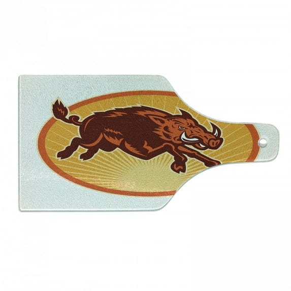 Razorback Cutting Board, Retro Emblem Design of Attacking Wild Boar in Oval Frame, Decorative Tempered Glass Cutting and Serving Board, in 3 Sizes, by Ambesonne