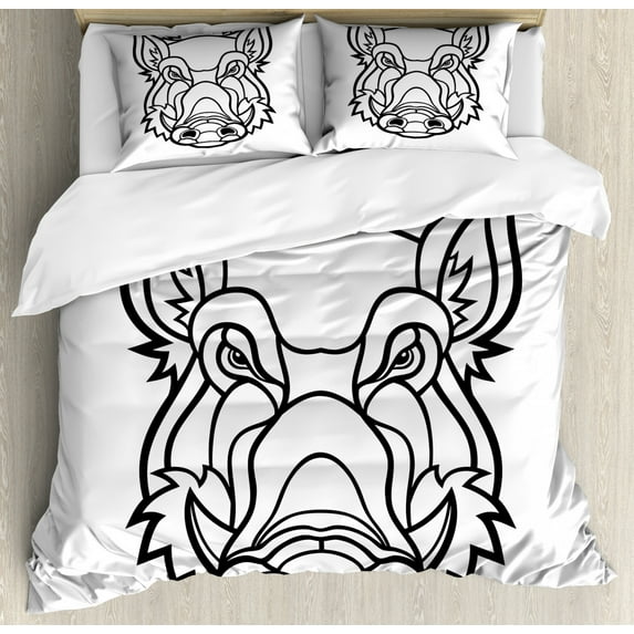 Razorback Duvet Cover Set Queen Size, Uncolored Outline Design Drawing of Wild Boar Pig Head Illustration, Decorative 3 Piece Bedding Set with 2 Pillow Shams, Charcoal Grey and White, by Ambesonne