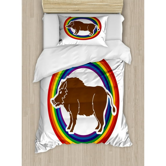 Razorback Duvet Cover Set Twin Size, Digitally Generated Wild Hog Boar Standing in Round Frame with Rainbow Colors, Decorative 2 Piece Bedding Set with 1 Pillow Sham, Multicolor, by Ambesonne