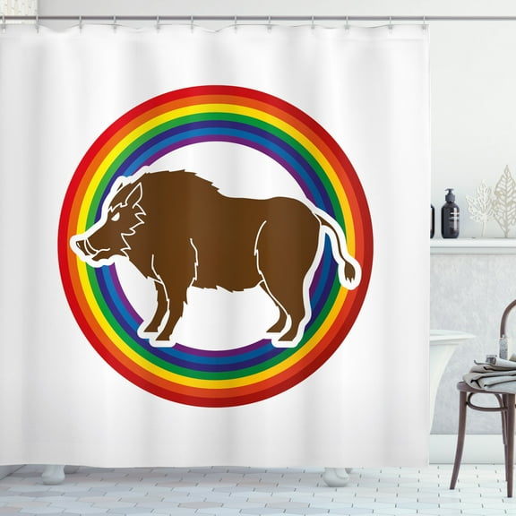 Razorback Shower Curtain, Digitally Generated Wild Hog Boar Standing in Round Frame with Rainbow Colors, Fabric Bathroom Set with Hooks, 69W X 84L Inches Extra Long, Multicolor, by Ambesonne