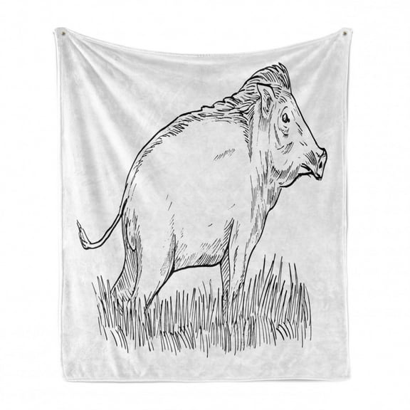 Razorback Soft Flannel Fleece Blanket, Animal Print Themed Outline Monochrome Sketch of Wild Boar Pig Image, Cozy Plush for Indoor and Outdoor Use, 70" x 90", Charcoal Grey and White, by Ambesonne