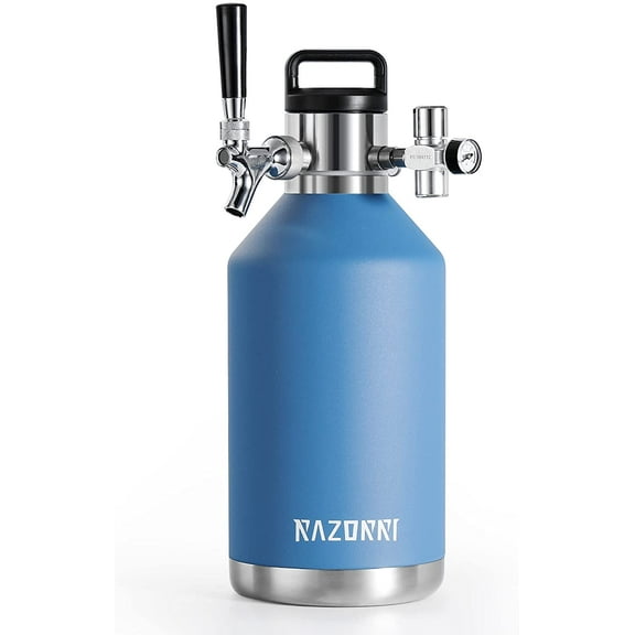 Razorri 128oz Stainless Steel Beer Growler, Double-Wall Vacuum Insulated Carbonated Keg with Professional Bar Tap and Pressurized CO2 Regulator, 1 Gallon, Ocean Blue