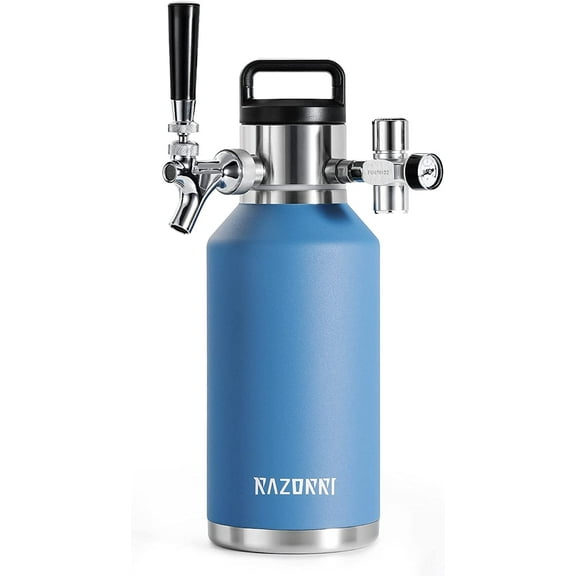 Razorri 64oz Stainless Steel Beer Growler, Double-Wall Vacuum Insulated Carbonated Keg with Professional Bar Tap and Pressurized CO2 Regulator, 0.5 Gallon, Ocean Blue