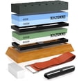 thumbnail image 1 of Razorri Knife Sharpening Stone Kit - Double-Sided 400/1000 and 3000/8000 Grit Whetstones, Flattening Stone & Releveling Stone - Leather Strop and Angle Guide Included - Sharpen and Polish Metal Blades, 1 of 7