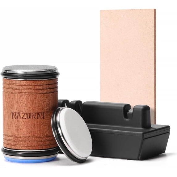 Razorri Rolling Knife Sharpener Kit 3 Different Grit Stones Discs #400 Diamond #3000 Whetstone #6000 Ceramic, 15° and 20° Magnetic Angle Base, Leather Strop Knives Fine Tool for Kitchen Blades