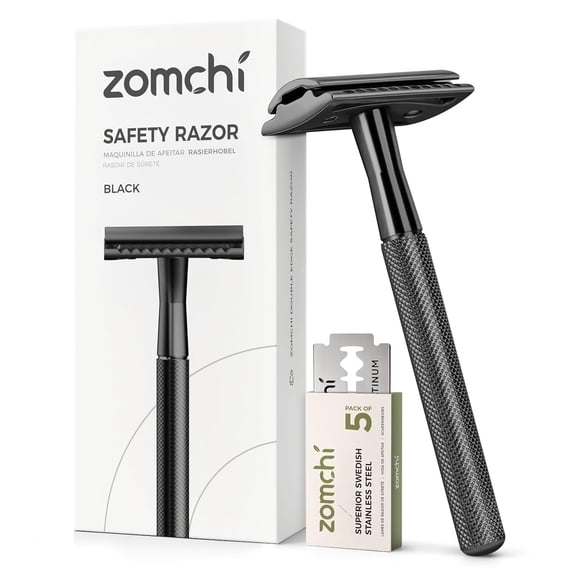 ZOMCHI Safety Razor for Men with 5 Double Edge Safety Razor Blades, One Blade Safety Razor, Metal Razor Zero Waste – Black