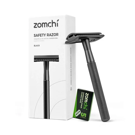 ZOMCHI Safety Razor for Men with 5 Double Edge Safety Razor Blades, One Blade Safety Razor, Metal Razor Zero Waste – Black