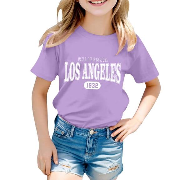 Razzly Big Girls Shirts Short Sleeve, Los Angeles Graphic Tee Shirt Short Sleeve T-Shirt Girls Cotton Shirts Toddler Girl Soft Basic T Shirts Girls Summer Shirts(Purple 11-12 Years)