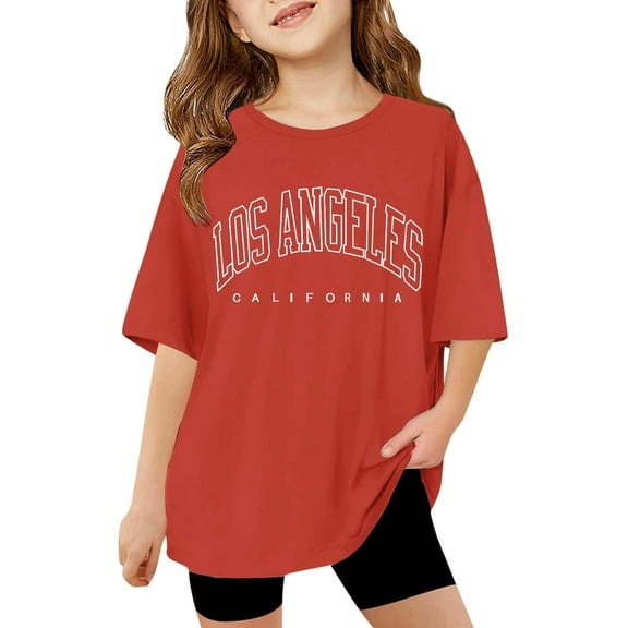 Razzly Big Girls' Short Sleeve T Shirts, Alphabet Print Girls Graphic Shirts Cotton Crewneck Shirts for Teen Girls Teen Basics T Cute Summer for Girls(Red,13-14 Years)