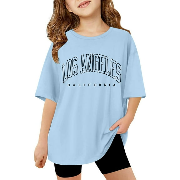 Razzly Big Girls Short Sleeve T Shirts for Kid, Los Angeles Girls Summer Graphic Tee Cotton Soft Shirts Short Sleeve Shirt Cotton Shirts for Girls Toddler Soft Basic T-Shirts(Light Blue 13-14 Years)