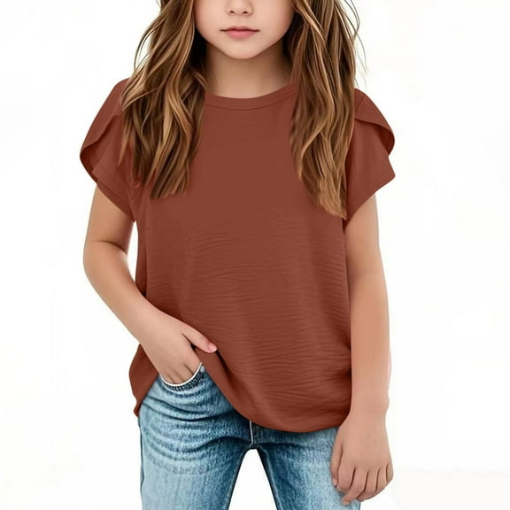 Razzly Big Girls' Tee Shirts, Solid Color T-Shirts Graphic Tees Girls Cotton T Shirts Tween Kids Basic T-Shirts Kids Summer Shirt(Coffee,12-13 Years)