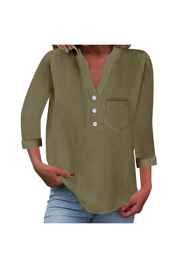Button up Blouse for Women Tunic Top Women Button Shirt Women Half Tee Tie Shirts for Women No Shirt Women Three Quarter Sleeve Tops for Women Long Sleeve Knit Womens Relaxed T(Dark Green,M)