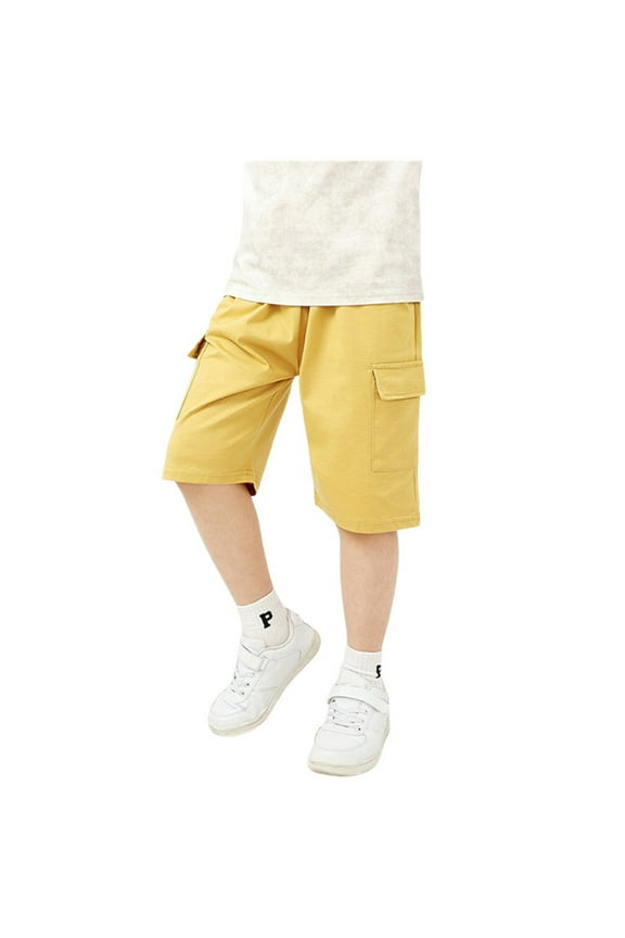 Child Boys' Shorts Summer Children's Solid Color Overalls Medium Shorts Summer Children's Fashion Shorts Toddler Shorts Boys Boys Running Short Mud Run Shorts And Shorts Boys(Yellow,8-9 Years)