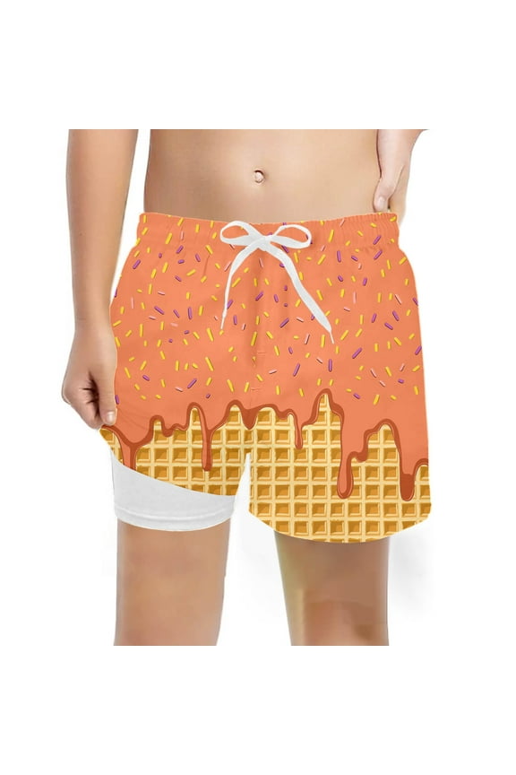 Child Boys Swimwear Swim Trunks with Print Design Comfortable Elastic Waist for Beach Pool Summer Activities(Orange,7 Years)