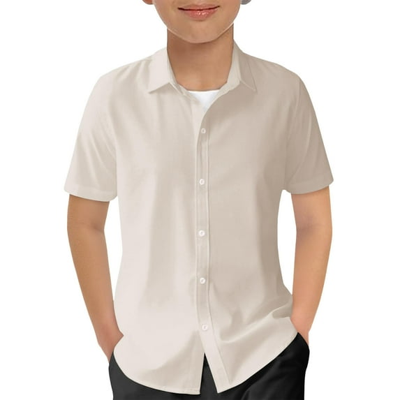 Razzly Child Dress Shirt for Boy, Solid Color School Uniform Little Boys Short Sleeve Boys Dress Shirt Button Down Shirt for Boys Children's Clothes(Beige,5-6 Years)