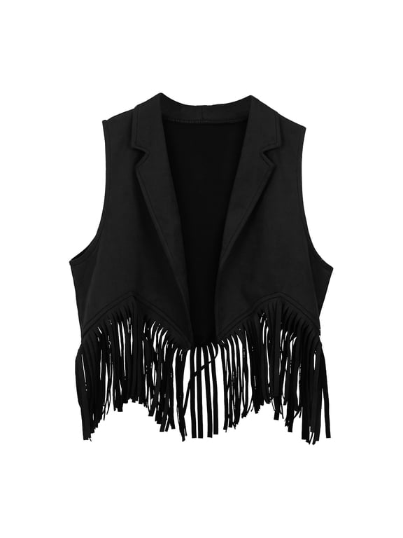 Child Girl's Western Fringe Crop Vest 70s Hippie Boho Tassels Cowgirl Jacket(7-8 Years,Black)