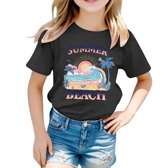 Razzly Child Girls Casual Short Sleeve T-Shirt Comfortable Summer Top Fashion Print Loose Fit Tee For Kids Youth Children(Black,8-9 Years)