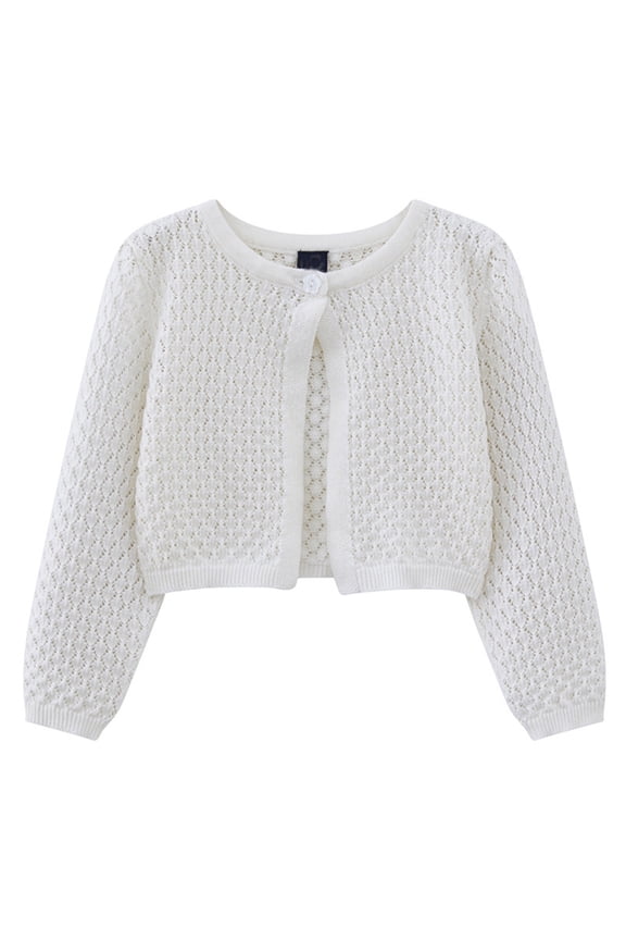 Child Girls Knitted Cardigan Long Sleeve Round Neck Button Closure Lightweight Open Front Sweater Coat for Toddler Baby Kids Spring Summer Fall(White,7-8 Years)