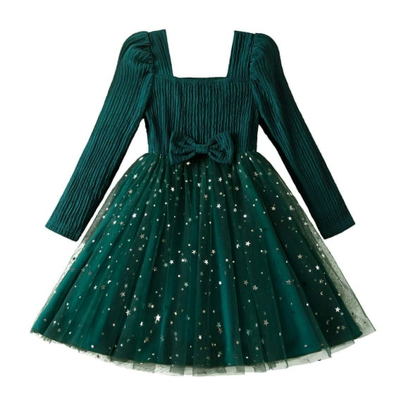 Razzly Child Girls Long Sleeve Dress with Bow Star Sequin Netting Holiday Party Formal Occasion Winter Fall Outfit for Toddler Kids 3-7 Years(Green,6-7 Years)