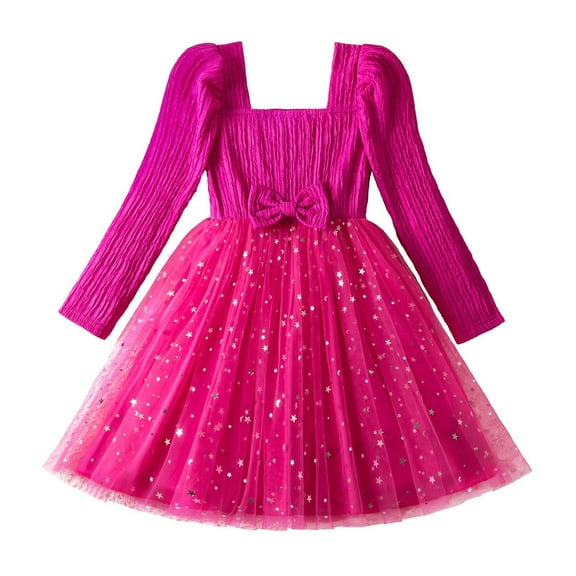 Razzly Child Girls Long Sleeve Dress with Bow Star Sequin Netting Holiday Party Formal Occasion Winter Fall Outfit for Toddler Kids 3-7 Years(Hot Pink,3-4 Years)