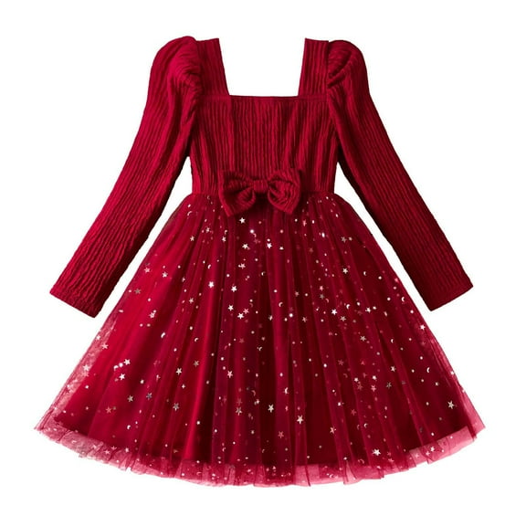 Razzly Child Girls Long Sleeve Dress with Bow Star Sequin Netting Holiday Party Formal Occasion Winter Fall Outfit for Toddler Kids 3-7 Years(Red,6-7 Years)
