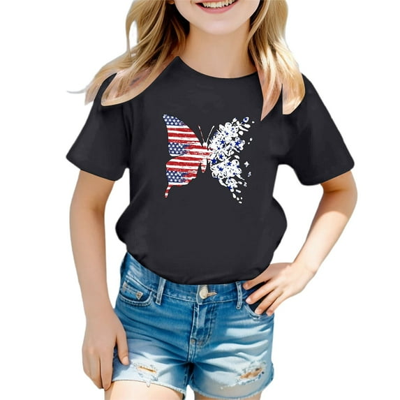 Razzly Child Girls Patriotic Short Sleeve Tshirt 4th of July Independence Day Flag Print Tee Comfortable Casual Summer Top for Toddler Kids(Black,9-10 Years)