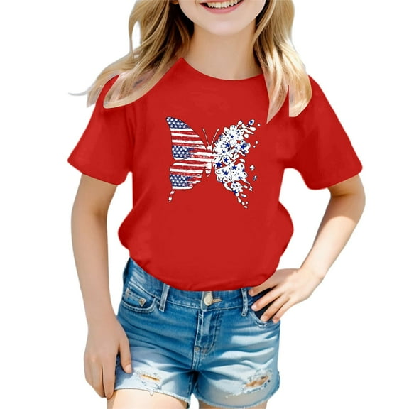 Razzly Child Girls Patriotic Short Sleeve Tshirt 4th of July Independence Day Flag Print Tee Comfortable Casual Summer Top for Toddler Kids(Red,3-4 Years)