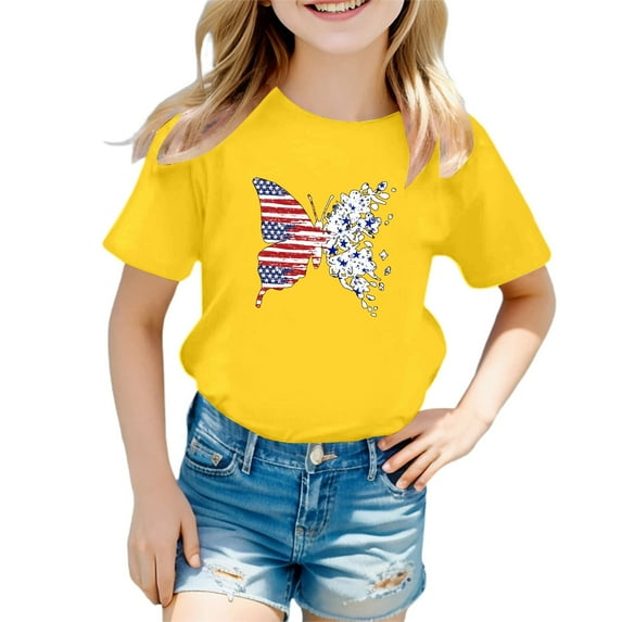 Razzly Child Girls Patriotic Short Sleeve Tshirt 4th of July Independence Day Flag Print Tee Comfortable Casual Summer Top for Toddler Kids(Yellow,3-4 Years)