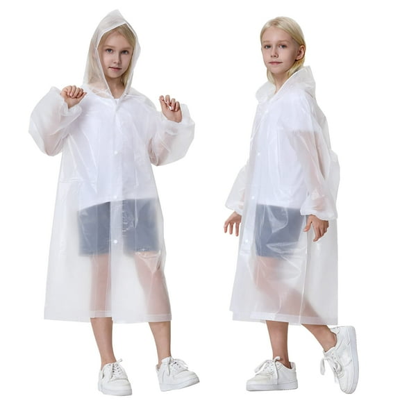 Razzly Child Girls Raincoat Hooded EVA Poncho Lightweight Reusable Outerwear For Kids Outdoor Activities 2PCS(White,One Size)