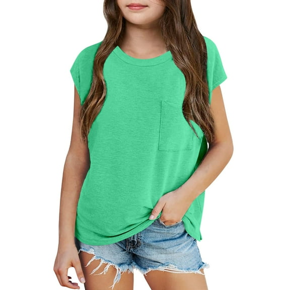 Razzly Child Girls Summer Hooded T Shirts Casual Loose Fit Round Neck Pocket Tees for Beach School Outing Comfortable Top(Green,3-4 Years)