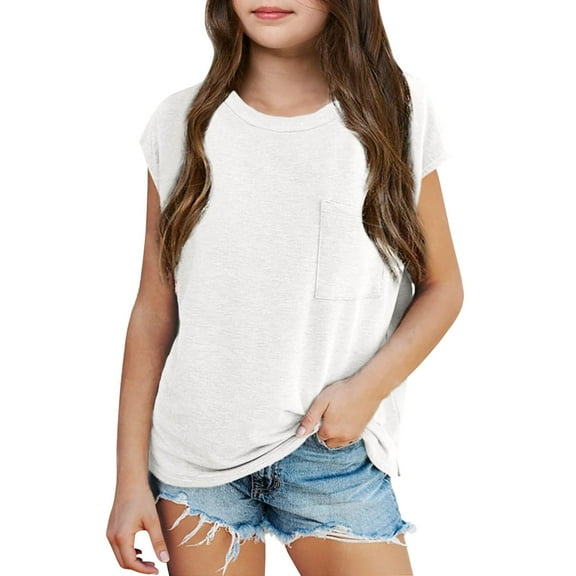 Razzly Child Girls Summer Hooded T Shirts Casual Loose Fit Round Neck Pocket Tees for Beach School Outing Comfortable Top(White,9-10 Years)