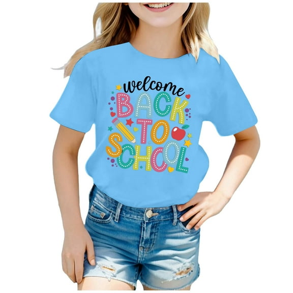 Razzly Child Kids Back To School Graphic Tee Short Sleeve Round Neck Soft Comfortable Top For Girls Playful Everyday Casual Outfit(Sky Blue,4-5 Years)