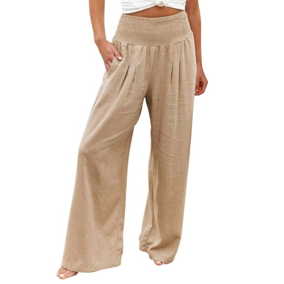 Razzly High Waist Wide Leg Palazzo Pants For Women Smocked Elastic Waist Loose Comfy Casual Pajama Pants Pockets Solid Drawstring Casual Linen Pants Women Trousers 80s Pants for Women(Khaki,4XL)