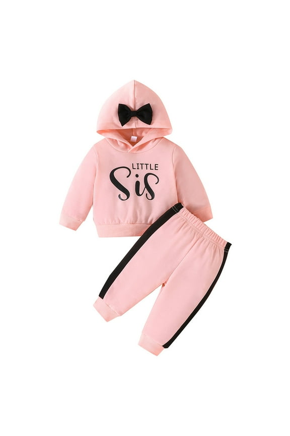 Infant Little Sister Matching Outfit Toddler Baby Girl Letter Graphic Long Sleeve Hoodies Sweatshirt Tops And Pants Set Baby Bath New Baby Set Girl Young Girls Outfits Clothes(Pink,3-6 Months)