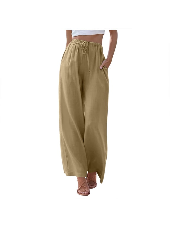 Linen High Waisted Wide Leg Palazzo Pants For Women Casual Summer Drawstring Trousers Flowy Beach Pants With Pockets Pants for Women Casual Summer Women's Casual Pants with Pockets(Sandy,2XL)