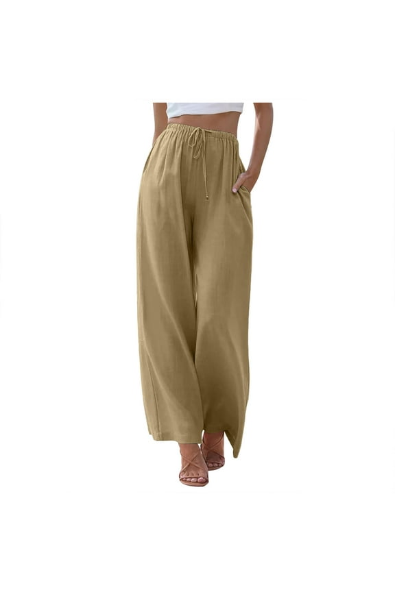 Linen High Waisted Wide Leg Palazzo Pants For Women Casual Summer Drawstring Trousers Flowy Beach Pants With Pockets Pants for Women Casual Summer Women's Casual Pants with Pockets(Sandy,M)