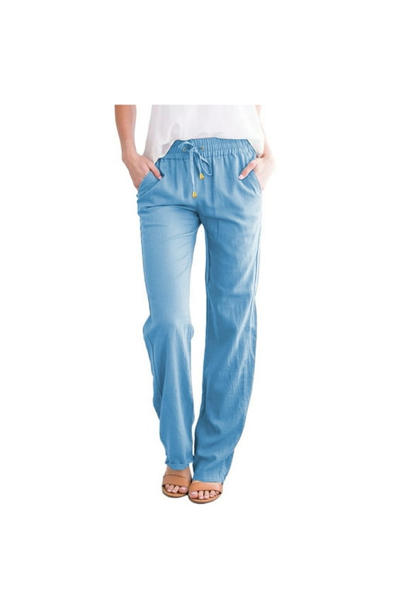 Linen Waist And Elastic Solid Pants Drawstring Long Women Straight Casual Pants Track Women Women Pants Casual Elastic Waist Straight Leg Active Pants for Women Pants for Women(Sky Blue,3XL)