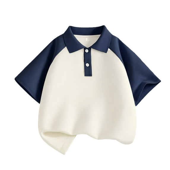 Razzly Little Boys School Uniform Short Sleeve Polo Shirt, Color Block Uniform Performance Child Boys Summer Tops Stretch Collared T Shirt Toddler Boy(Navy,6-7 Years)