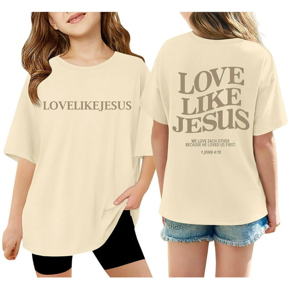 Razzly Little Girls Kid Tshirt, Love Jesus Graphic Shirts Toddler Girl Short Sleeve Shirt Cotton Tshirt Girls Basic T-Shirt Summer Shirts for Girls(Beige 5-6 Years)