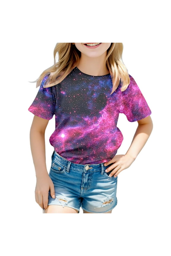 Little Girls' Tee Shirts, Starry Sky Summer Graphic T Shirt for Teen Girls T Shirt Short Sleeve Kid Cotton T-Shirt Girls Basic T Shirts Toddler Girl Summer Shirts(Purple 4-5 Years)